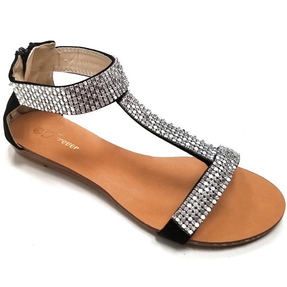 Shoes - New Black Silver Rhinestone Straps Wedge Sandals